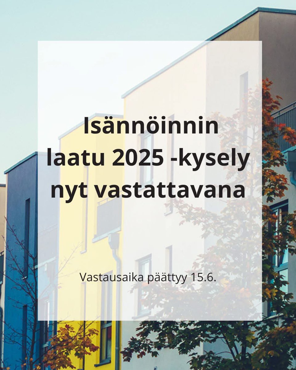 Isännöinnin laatu -kysely kartoittaa taloyhtiöiden tyytyväisyyttä isännöintiin ja palvelujen laatuun.

Vastaa viimeistään 15.6. ⬇️

response.questback.com/kiinteistoliit… - ellet ole jo vastannut suoraan sähköpostiisi tulleen linkin kautta.

Kyselyyn vastaaminen vie aikaa noin 15 minuuttia.