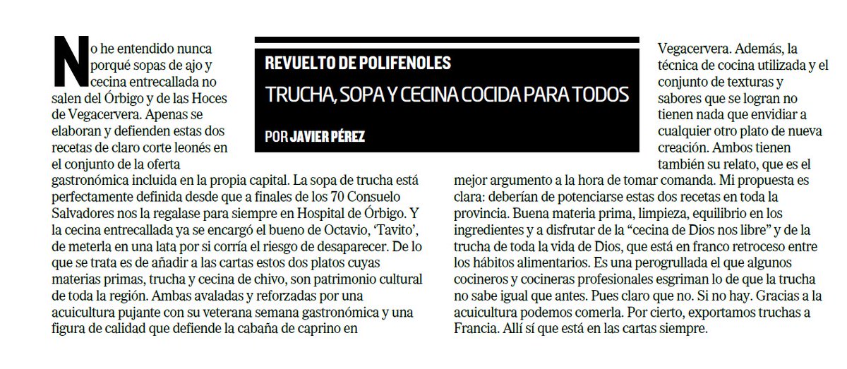 Javier Pérez Andrés (@javierperezargi) on Twitter photo "Es una perogrullada el que algunos cocineros y cocineras profesionales esgriman lo de que la trucha no sabe igual que antes. Pues claro que no. Si no hay. Gracias a la acuicultura podemos comerla."
🗞️🗞️ Mi artículo sobre gastronomía en <a href="/DiarioCyLMundo/">Diario de Castilla y León</a> "Es una perogrullada el que algunos cocineros y cocineras profesionales esgriman lo de que la trucha no sabe igual que antes. Pues claro que no. Si no hay. Gracias a la acuicultura podemos comerla."
🗞️🗞️ Mi artículo sobre gastronomía en <a href="/DiarioCyLMundo/">Diario de Castilla y León</a>