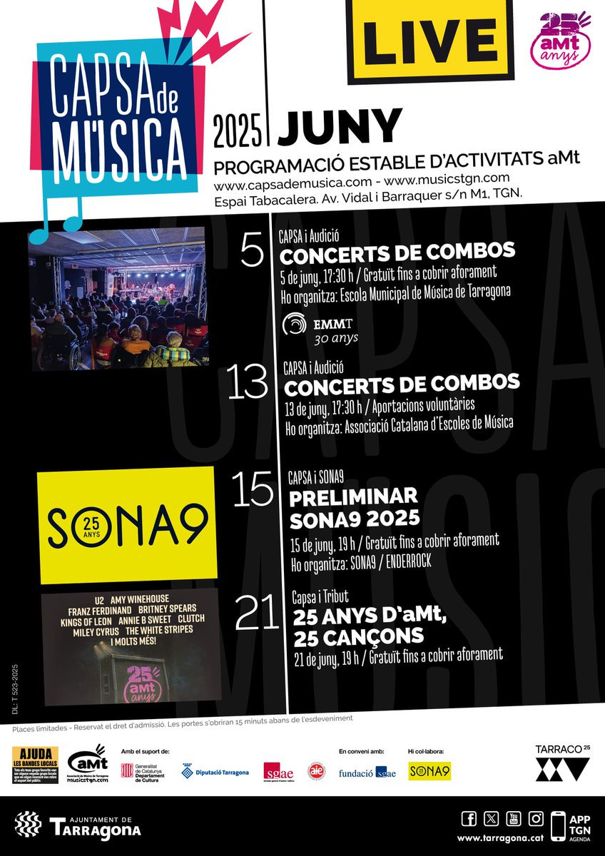 musicstgn's tweet photo. Juny #CapsadeMúsica és sempre sinònim de celebració del #DiainternacionaldelaMúsica amb concert #tribut col·lectiu que serà ben especial pels #25anys de #aMt i també #Sona9 #concurs preliminars #música #directe i #combos escoles musicals municipals #EMMT #ACEM #musics #musicians https://t.co/j5mfHB7O0z
