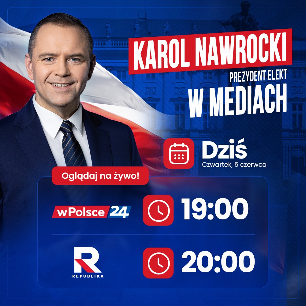 #Nawrocki2025 (@nawrocki25) on Twitter photo 🇵🇱 Już dziś Prezydent Elekt Karol Nawrocki w pierwszym wywiadzie telewizyjnym po wyborach! Będziecie oglądać?
👉 <a href="/wPolscepl/">wPolsce24 🇵🇱 #TuJestPolska</a> <a href="/RepublikaTV/">Telewizja Republika 🇵🇱 #włączprawdę</a> 🇵🇱 Już dziś Prezydent Elekt Karol Nawrocki w pierwszym wywiadzie telewizyjnym po wyborach! Będziecie oglądać?
👉 <a href="/wPolscepl/">wPolsce24 🇵🇱 #TuJestPolska</a> <a href="/RepublikaTV/">Telewizja Republika 🇵🇱 #włączprawdę</a>