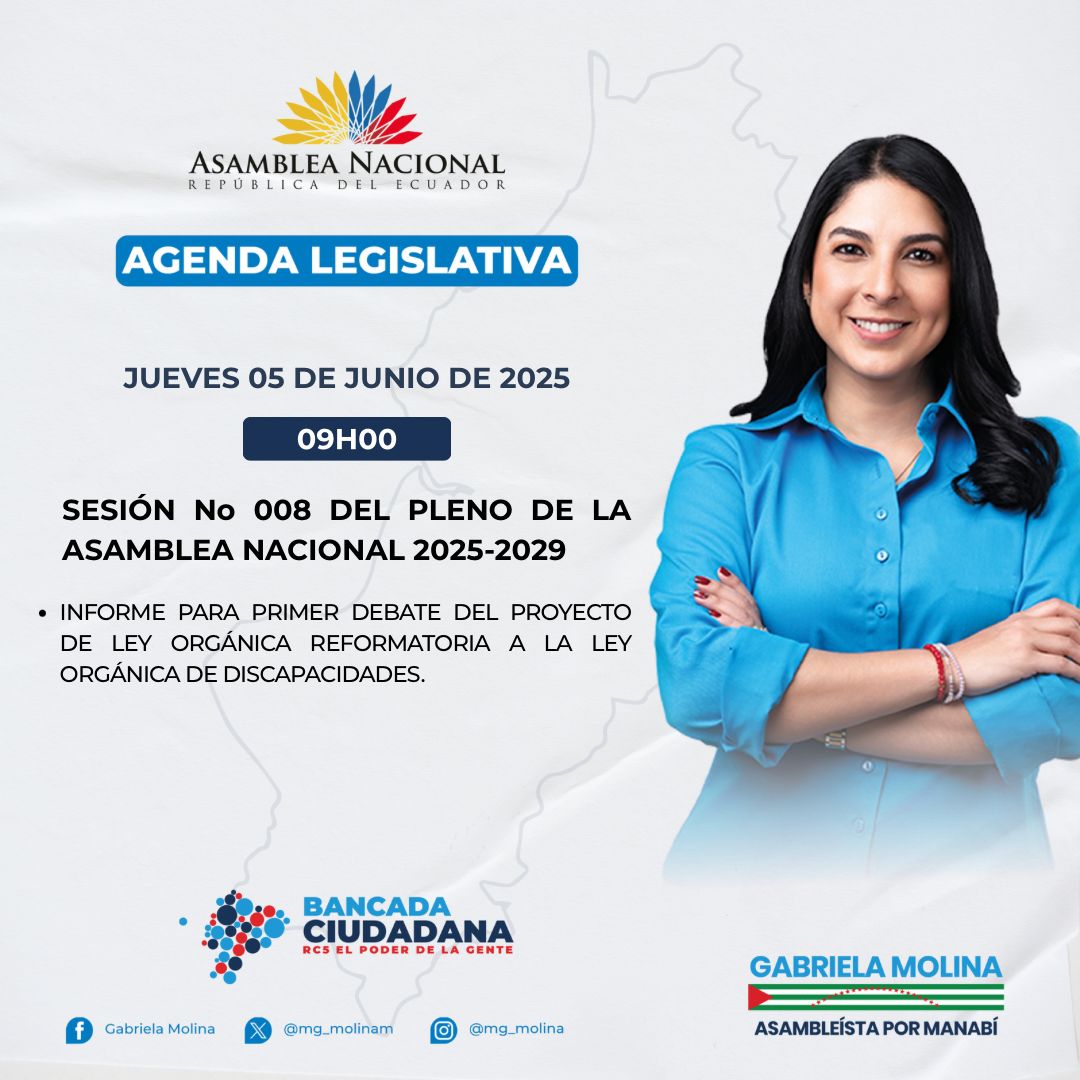Les comparto la agenda de actividades a desarrollarse el día de hoy.

(Jueves, 5 de Junio de 2025)

#AsambleístaPorManabí 
#AgendaDeActividades 
👩🏻‍💼#LegislamosParaTi 💙 #GabrielaMolinaAsambleísta