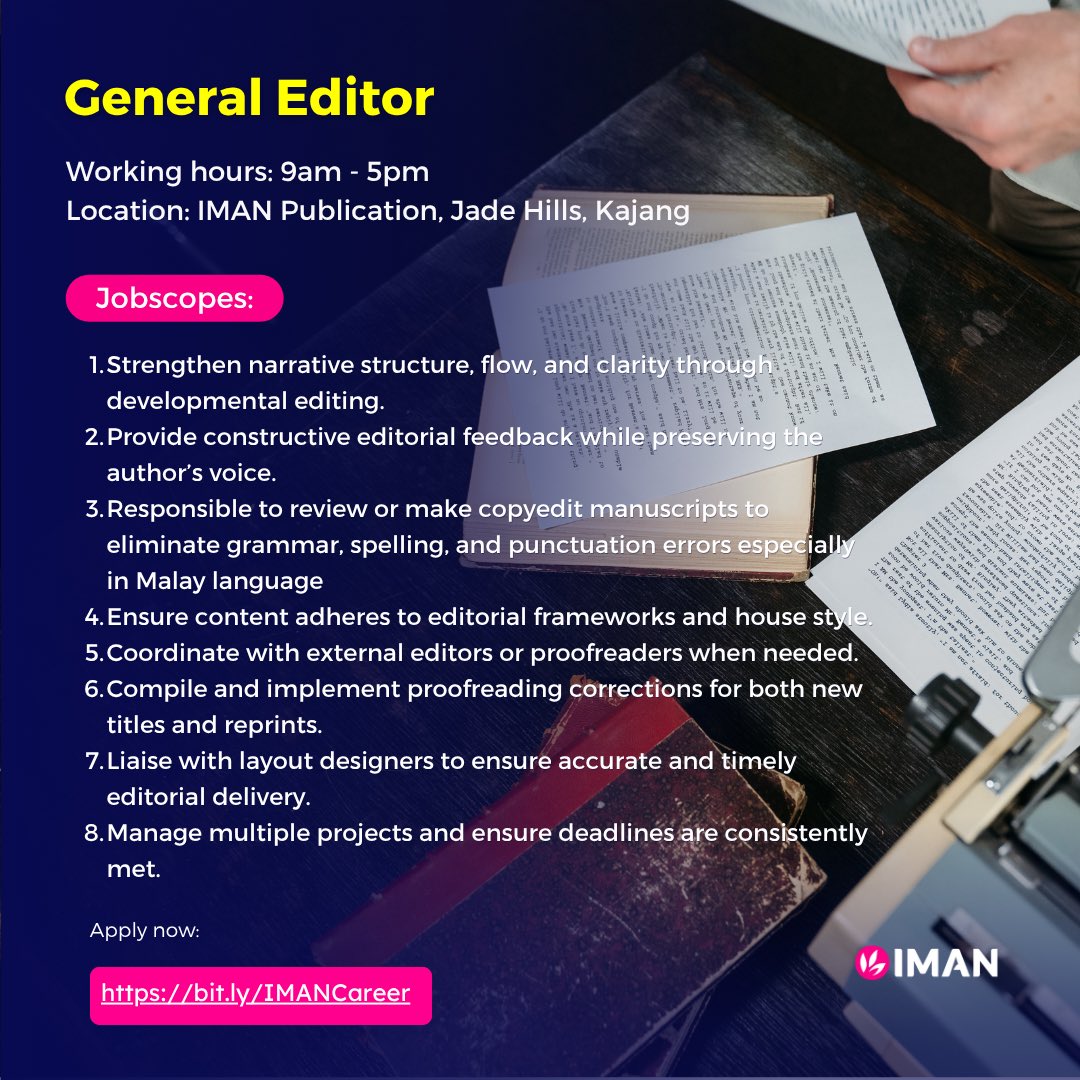 imanpublication's tweet photo. Jom jadi Team IMAN😎

IMAN sedang membuka 2 kekosongan jawatan untuk diisi. 🎉🤩

1. General Editor 
2. Marketing Executive

Hantarkn permohonan anda di : 
https://t.co/hn6uEoVb3q

atau melaui Indeed di :
https://t.co/KoX7T1C9B3 https://t.co/rWNXHUoHNm