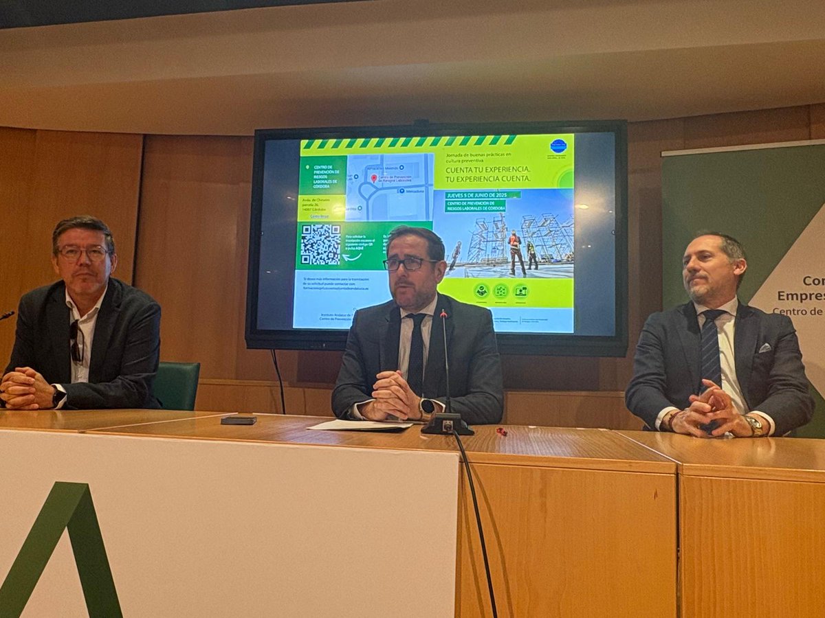MutuaFM's tweet photo. "La cultura preventiva en Andalucía se lleva por bandera. Una PRL auténtica con foco en las personas" - Cierran José Antonio Leiva, Director #CPRL Córdoba, Fernando García, jefe de Gabinete de innovación #PRL trabajo y empleo SS y Luis Colmenero @IAPRL @AndaluciaJunta ⬇️ https://t.co/2EsD7jNw12