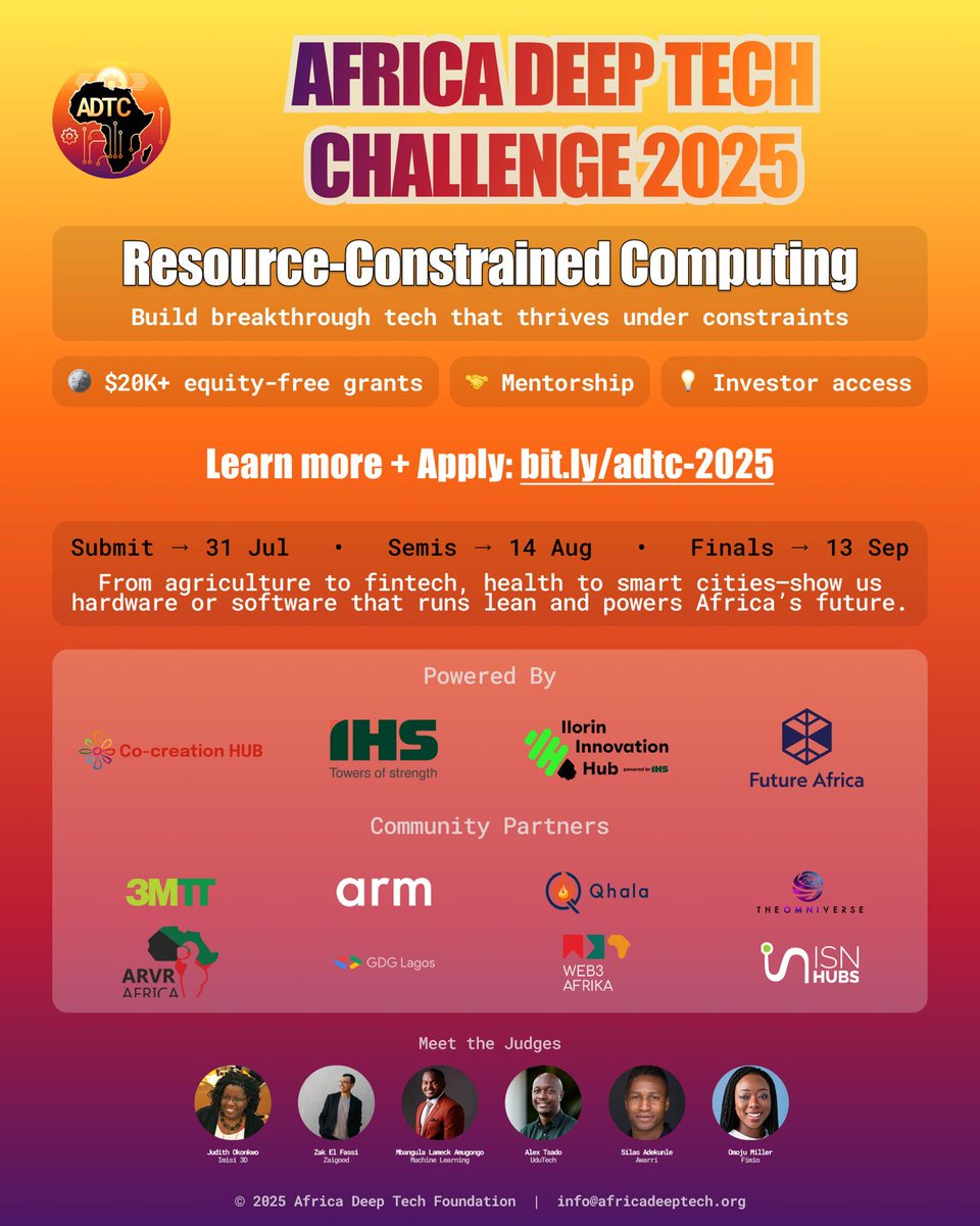 Web3 Afrika | web3afrika.eth (@web3afrika) on Twitter photo $20,000 equity-free grant up for grabs at the Africa Deep Tech Challenge 2025...🔥😯
This Saturday, we will be hosting an X space with <a href="/africadeeptech/">Africa Deep Tech Community</a> to share everything you need to know about the Challenge - Resource-Constrained Computing
If you’re building powered $20,000 equity-free grant up for grabs at the Africa Deep Tech Challenge 2025...🔥😯
This Saturday, we will be hosting an X space with <a href="/africadeeptech/">Africa Deep Tech Community</a> to share everything you need to know about the Challenge - Resource-Constrained Computing
If you’re building powered