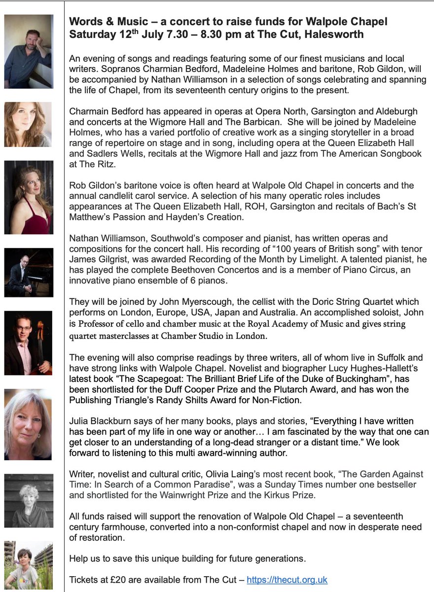 Don’t miss this on July 12 at the Cut, Halesworth. All in aid of fundraising for the Chapel.