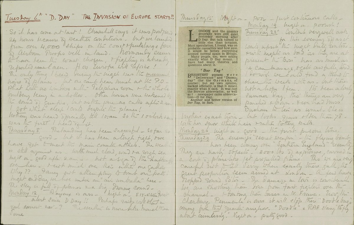 It’s the 81st anniversary of #DDay. Felicité Hardcastle, a Post Office telephonist in #Burley, recorded the day in her diary (110M89/330/3).

Read more on our blog: …archivesandlocalstudies.wordpress.com/?p=5328

#VE80 #Victory80 #hampshirearchives #HampshireHeritage #DdayAnniversary #BurleyNewForest