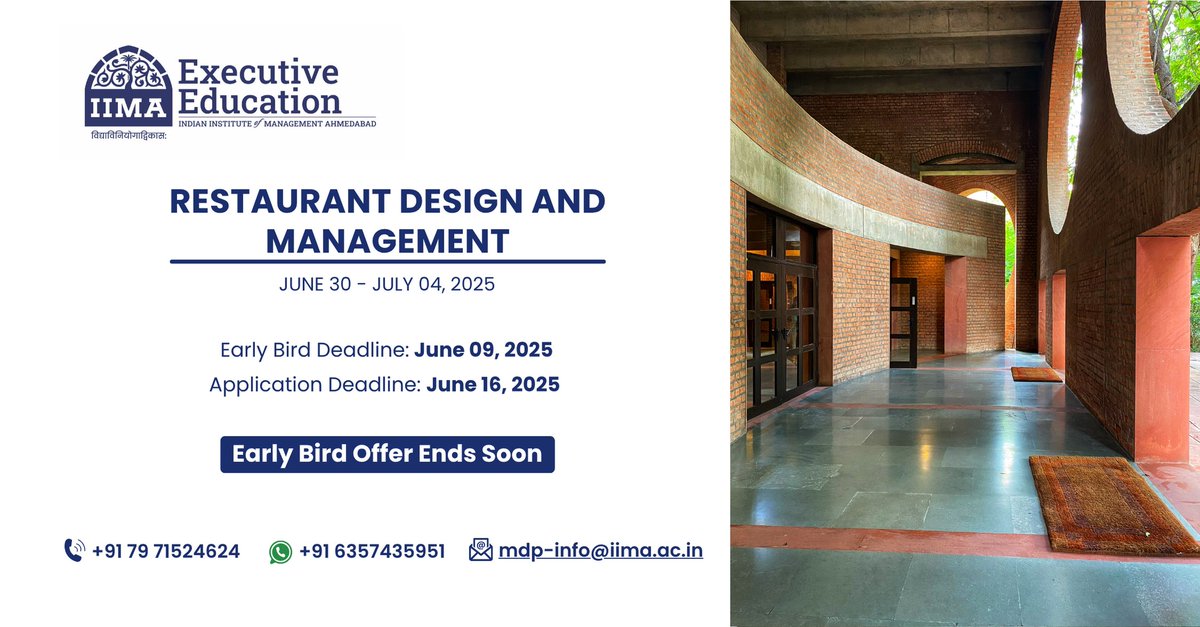Don’t miss the #earlybird deadline for #IIMA’s Restaurant Design &amp; Management programme!
Upskill and lead the change in #restaurantstrategy.
Apply now: lnkd.in/dX4NVeMp

#FoodBusiness