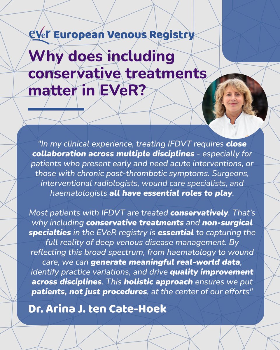 Deep venous care isn’t just about procedures — it’s about patients. 🩺
See why EVeR Steering Committee member Arina J. ten Cate-Hoek believes conservative treatments and non-surgical specialties must be part of the story.👇
⠀
Join your peers in shaping the future of venous