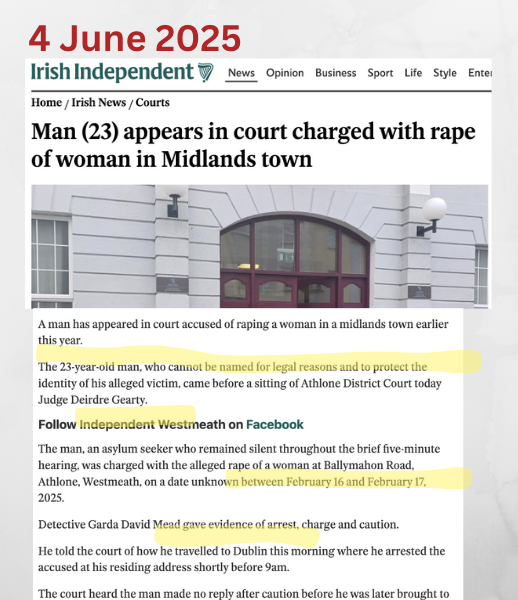 In February, several online accounts reported an attack on a woman in Athlone. The Gardaí sent out a statement denying they had received any reports.

Yesterday, an asylum seeker was arrested and appeared in court accused of raping a woman in Athlone on 17 February. 

The man was