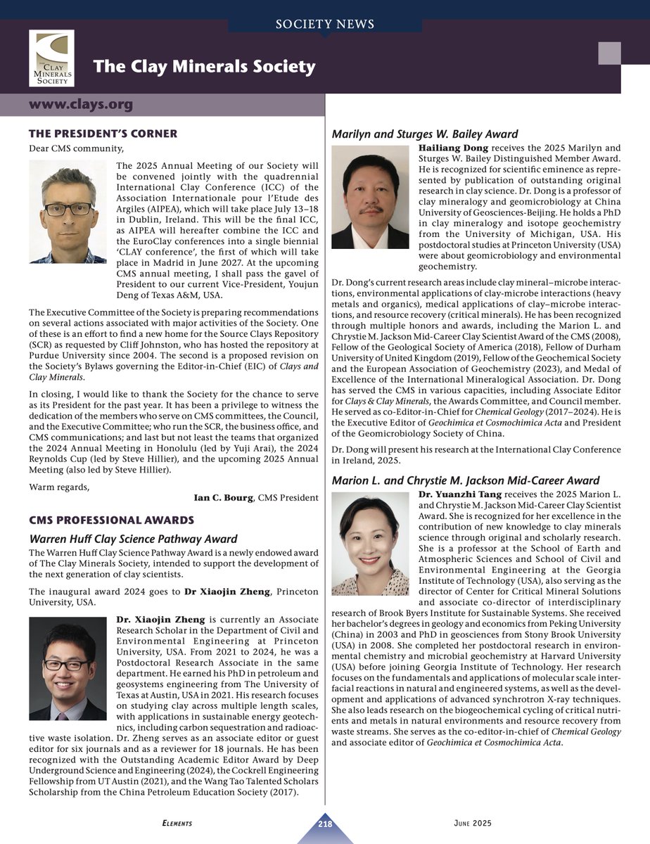 📢 June 2025 CMS Update in Elements Magazine!
🗨️ Outgoing Pres. Ian C. Bourg reflects on his term &amp; hands over to Youjun Deng.
🌟 Congrats to CMS Awardees:
🔹 Xiaojin Zheng
🔹 Hailiang Dong
🔹 Yuanzhi Tang
📖 Read more: clays.org
#Clay #ClayMinerals #Research