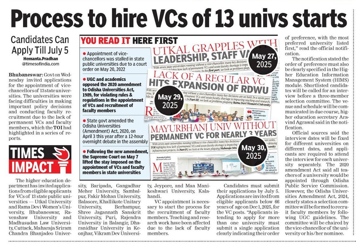 Finally, state govt invites applications to hire VCs of 13 state public universities. Earlier TOI had highlighted problems of universities running without permanent VCs apart from shortage of faculty members in the universities.