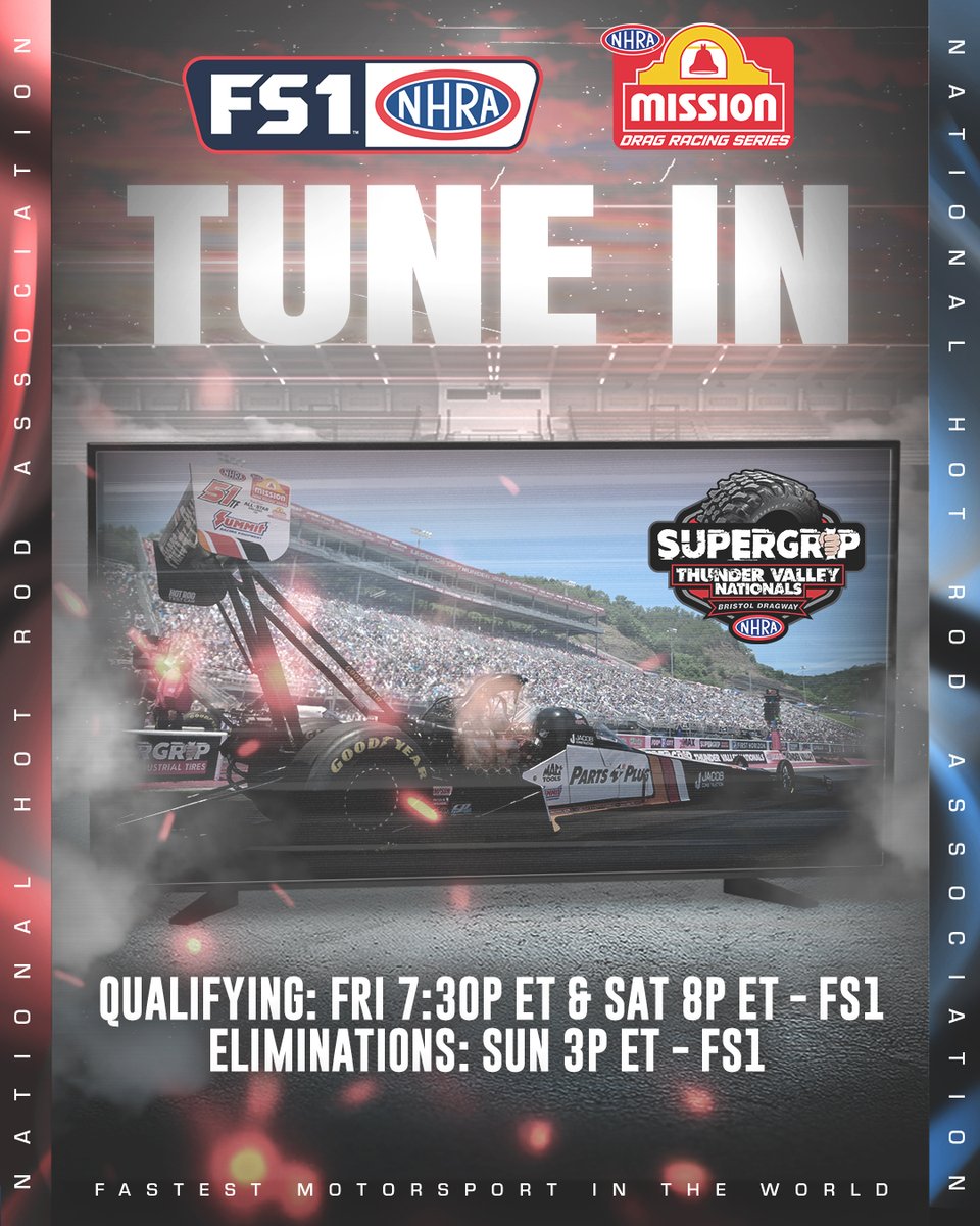 NHRA (@nhra) on Twitter photo We’re back in action this weekend at <a href="/BristolDragway/">Bristol Dragway</a> for the <a href="/SuperGrip_Tires/">SuperGripTires</a> #ThunderValleyNats! Here’s when you can watch with #NHRAonFOX!
Qualifying:
Friday at 7:30p ET on FS1
Saturday at 8p ET on FS1
Eliminations:
Sunday at 3p ET on FS1 We’re back in action this weekend at <a href="/BristolDragway/">Bristol Dragway</a> for the <a href="/SuperGrip_Tires/">SuperGripTires</a> #ThunderValleyNats! Here’s when you can watch with #NHRAonFOX!
Qualifying:
Friday at 7:30p ET on FS1
Saturday at 8p ET on FS1
Eliminations:
Sunday at 3p ET on FS1