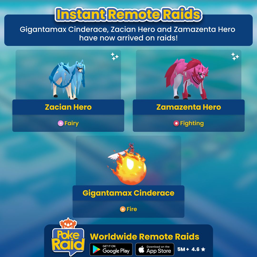 PokeRaidApp's tweet photo. #GigantamaxCinderace #ZacianHero and #ZamazentaHero have now arrived on #PokemonGoRaids! Open the #PokeRaidApp now and find a #RemoteRaid instantly.
#PokemonGOFest2025 #GOFestJerseyCity #GOFest2025JerseyCity #Zacian #Zamazenta #Cinderace #Dynamax #Gigantamax #RemoteMax #MaxBattle