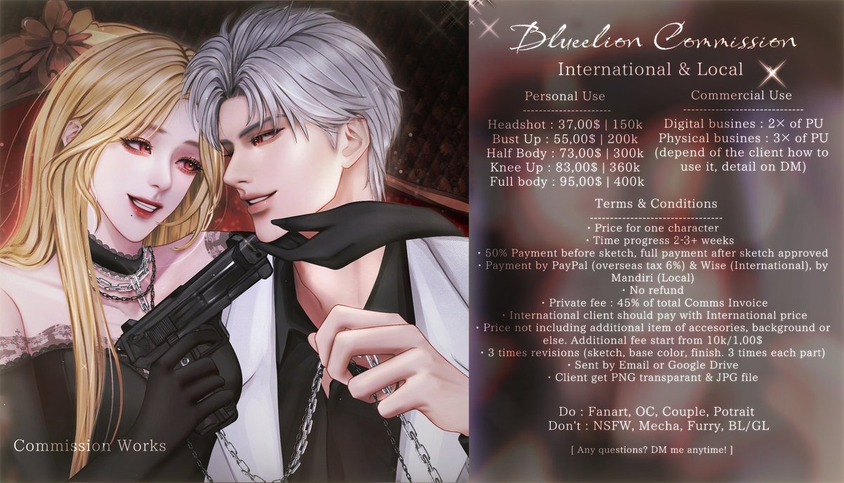 [ BLUEELION COMMISSION OPEN ]

I'm opening commissions for June! You can check the detail below. Please read it carefully! 
If you are interested, just tap my DM to order. 
You can see my samples in the twitter media section.  

Rts and likes are greatly appreciated!
Thank you.