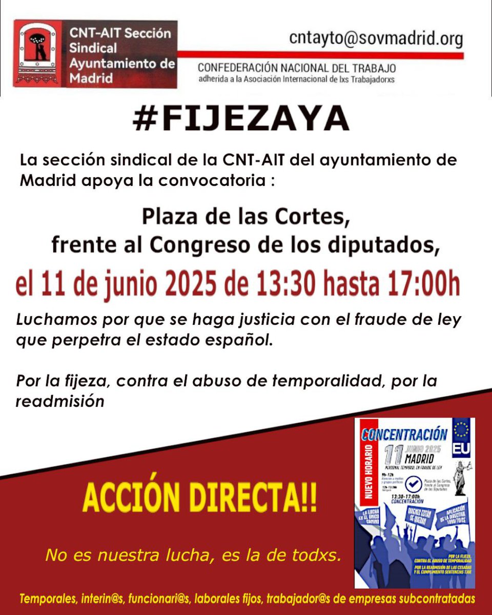 🔴✊🏿
Apoyo TOTAL hasta que se consiga la estabilidad de todo el personal explotado durante lustros por el estado y resto de administraciones públicas.                                                                                          #FijezaYa
 Readmisión de l@s cesad@s!!