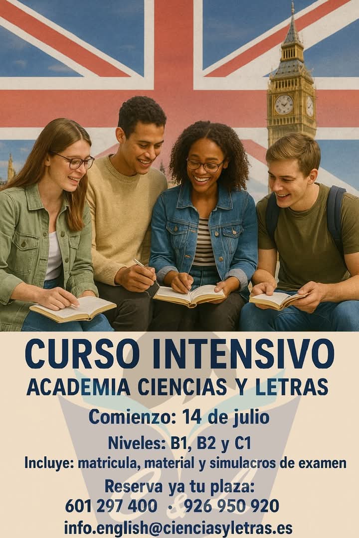 CyLPuertollano's tweet photo. 🎯 Este verano,domina el inglés 🇬🇧☀️
Cursos Intensivos de Inglés – Verano 2025

📆 Comienzo en julio
🕒 Horarios flexibles
📍 Academia Ciencias&amp;Letras
🎓 Niveles B1 a C1.Grupos reducidos
📈 Mejora tu inglés en poco tiempo
📞 Reserva tu plaza
👉 Plazas limitadas.¡No te lo pierdas! https://t.co/PziVfaCq1y