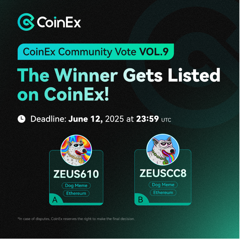 coinexcom's tweet photo. 📢 The Community Vote VOL.9 is LIVE! Vote for your favorite project below🪙:

1⃣ #ZEUS610 @zeusethereum
2⃣ #ZEUSCC8 @zeuscoineth_

The winning coin'll be listed on #CoinEx, &amp; 2 winners share $300 of the winning token! 🏆

🗳️Vote now: https://t.co/MwF7Diq8eg