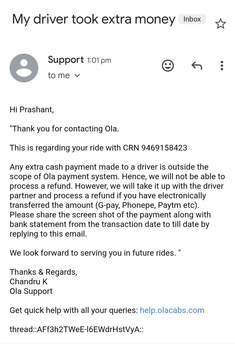 prashuuuu13's tweet photo. he completed my booking on the spot. So 113 Rs were deducted from my Ola postpaid and I gave him 250 Rs in cash, this app was showing my booking charge as 230 Rs. I have no option left as I was going to railway station. @ola refuse to take action on this issue. https://t.co/7wacryaJp5