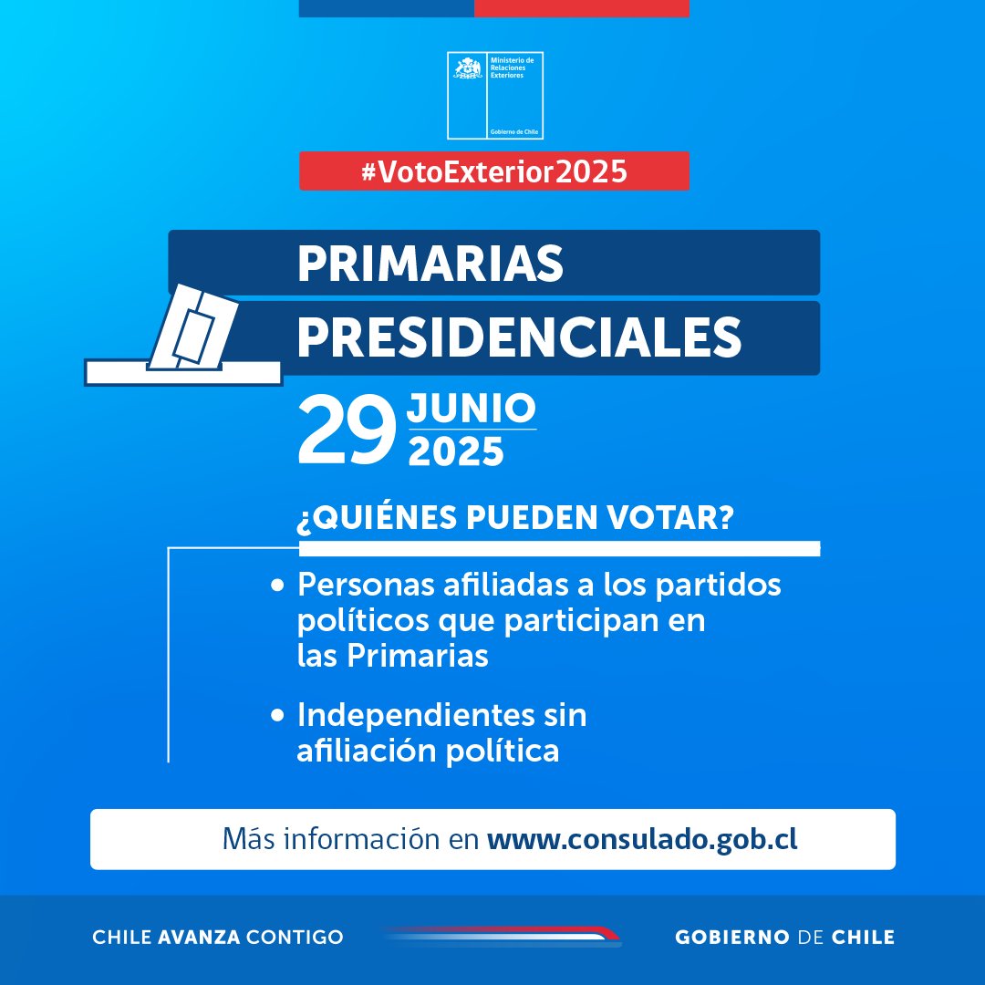#VotoExterior2025 | 🗳️RECUERDA: El 29 de junio son las Primarias Presidenciales en Chile y en el extranjero.

El 7 de junio podrás revisar si estás habilitado para sufragar, si fuiste designado vocal de mesa y tu local de votación.

👉Más información ➡️  consulado.gob.cl/comunidades/ci…