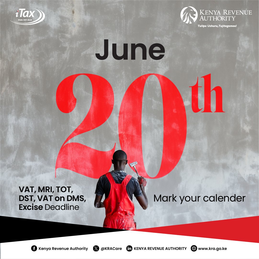 Every month kuna dates mbili very important. The 9th and 20th. Zimark ndio usisahau.
Get started on itax.kra.go.ke/KRA-Portal/
#ComplianceReminder