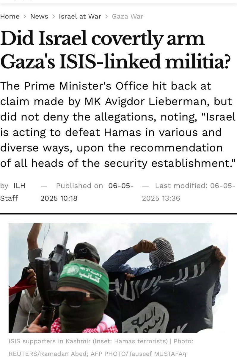 L'ex ministro della Difesa Israeliano, Lieberman accusa il PM Netanyahu di finanziare e armare segretamente le bande criminali dell’ ISIS a Gaza per contrastare Hamas, cosa che Netanyahu non nega e risponde: "Stiamo effettivamente usando mezzi diversi contro Hamas". <a href="/BMoon_bee/">moonbee </a>