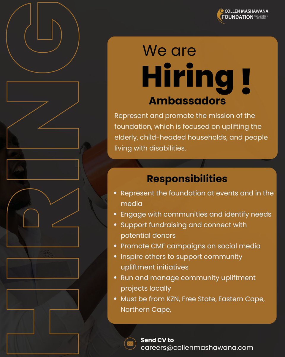 CollenMashFound's tweet photo. The Collen Mashawana Foundation is calling passionate, purpose-driven individuals to join our team in the following roles:

✨ Ambassador
✨ Ambassador Manager
✨ Project Manager
✨ General Manager
✨ Receptionist

#CollectiveGrowth #RestoringHope #ApplyNow https://t.co/QovfRzmRQ4