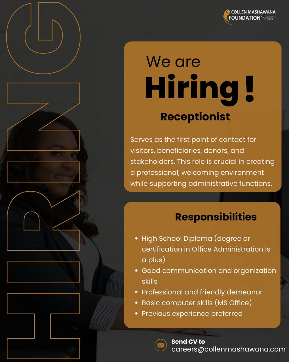 CollenMashFound's tweet photo. The Collen Mashawana Foundation is calling passionate, purpose-driven individuals to join our team in the following roles:

✨ Ambassador
✨ Ambassador Manager
✨ Project Manager
✨ General Manager
✨ Receptionist

#CollectiveGrowth #RestoringHope #ApplyNow https://t.co/QovfRzmRQ4
