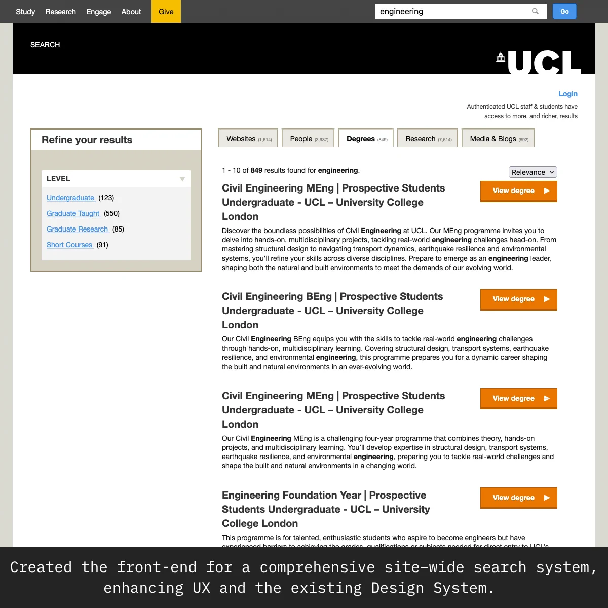 A composition of elements from the UCL site-wide search system, highlighting search functionality, filters, and a clean user interface. The design features a modern layout with blue and white tones. The caption reads, 'Created the front-end for a comprehensive site-wide search system, enhancing UX and the existing Design System.'
