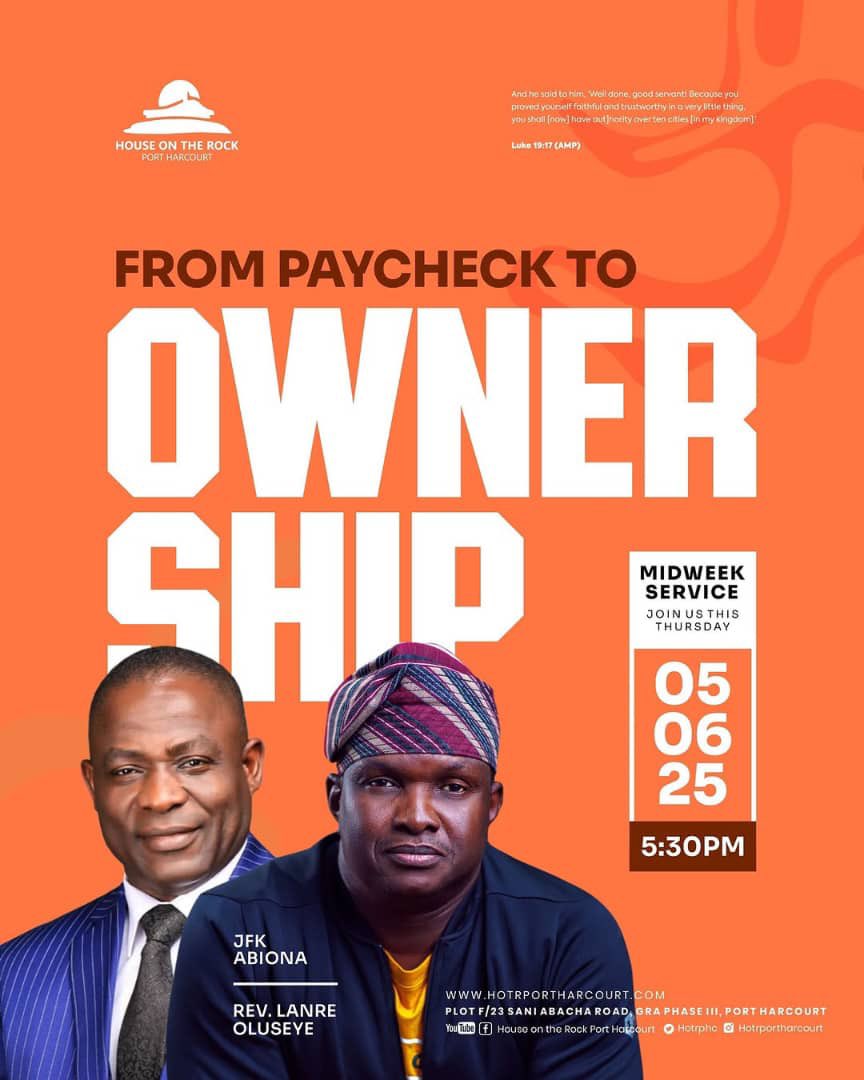 jfk_abiona's tweet photo. Join us tonight at 5:30 PM for our Midweek Service at House on the Rock, Port Harcourt – Plot F/23, Sani Abacha Road, GRA Phase III.

I will be bringing practical wisdom to shift your mindset and equip you for financial dominion. https://t.co/RZn26fzfkg
