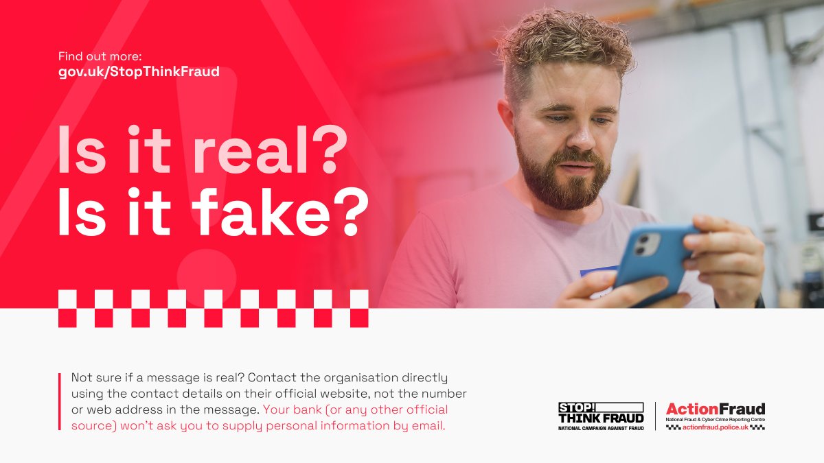 YHROCU's tweet image. ℹ️Not sure if a message you've received is real or fake?
✅Contact the organisation directly using contact info on their official website
❌Do NOT use the number or link in the message
Find out more: stopthinkfraud.campaign.gov.uk/how-to-spot-fr…
#ReportThePhish
