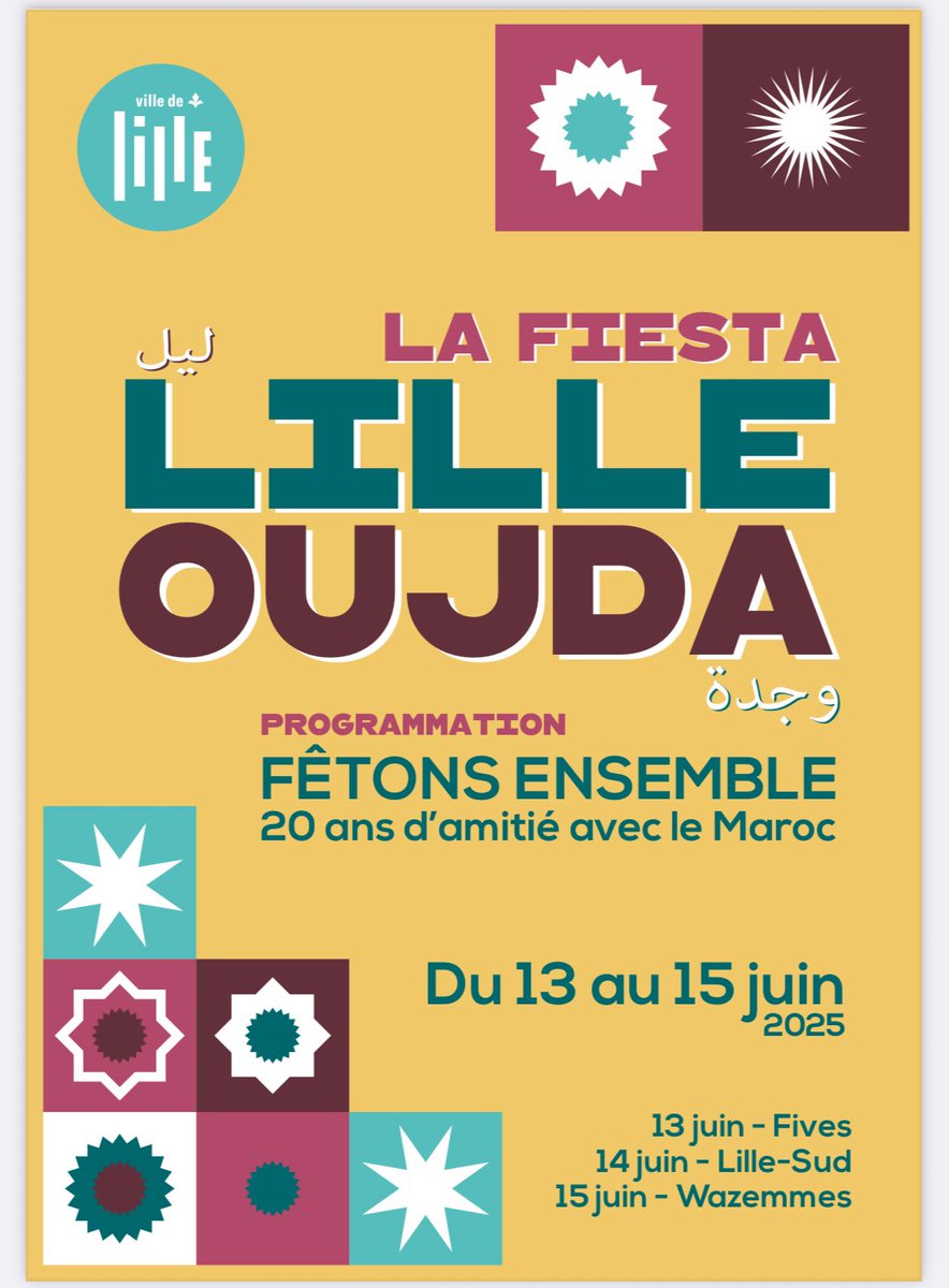 #Lille 🇫🇷 - #Oujda 🇲🇦 : 20 ans d’amitié !

Rdv pour la #Fiesta Lille-Oujda la semaine prochaine, pour fêter ensemble l’anniversaire de notre jumelage à l’occasion d’un grand week-end.

📍13-15 juin : spectacles, concerts, ateliers, sport, gastronomie…

👉 lille.fr/content/downlo…