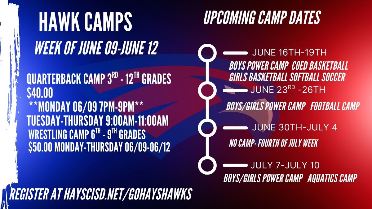 Jack C Hays High School Athletics (@gohayshawks) on Twitter photo Upcoming Camps- see time change for QB camp next Monday only <a href="/Hays_Hawks/">Hays High School</a> <a href="/BudaHaysFB/">Jack C. Hays High School Hawks Football</a> <a href="/HaysCISD/">Hays CISD</a> Upcoming Camps- see time change for QB camp next Monday only <a href="/Hays_Hawks/">Hays High School</a> <a href="/BudaHaysFB/">Jack C. Hays High School Hawks Football</a> <a href="/HaysCISD/">Hays CISD</a>