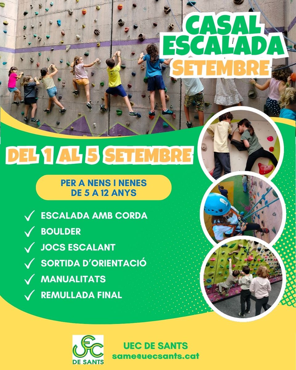 📣☀️ La primera setmana de setembre també hi haurà #casalescalada 🧗‍♀️🧗‍♂️#estiu2025

Del 1 al 5 setembre. Places limitades

Per reservar plaça o més info envieu mail a: same@uecsants.cat

#casal #casalsesportius #escaladainfantil #casalestiu2025 #sants #casalestiu
#casalsetembre
