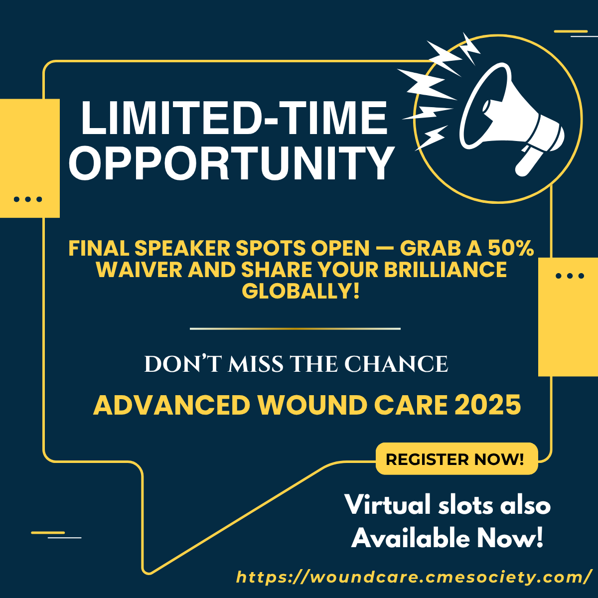 ManinaRachel's tweet photo. 🗣 Final speaker slots for #AdvancedWoundCare2025 now OPEN! 📷 Grab a 50% waiver &amp; present your work globally 📷 https://t.co/SRiAo9GO9B #WoundCare #GlobalHealth #MedicalConference #SpeakerCall #WoundHealing2025 https://t.co/qd7935kSd8