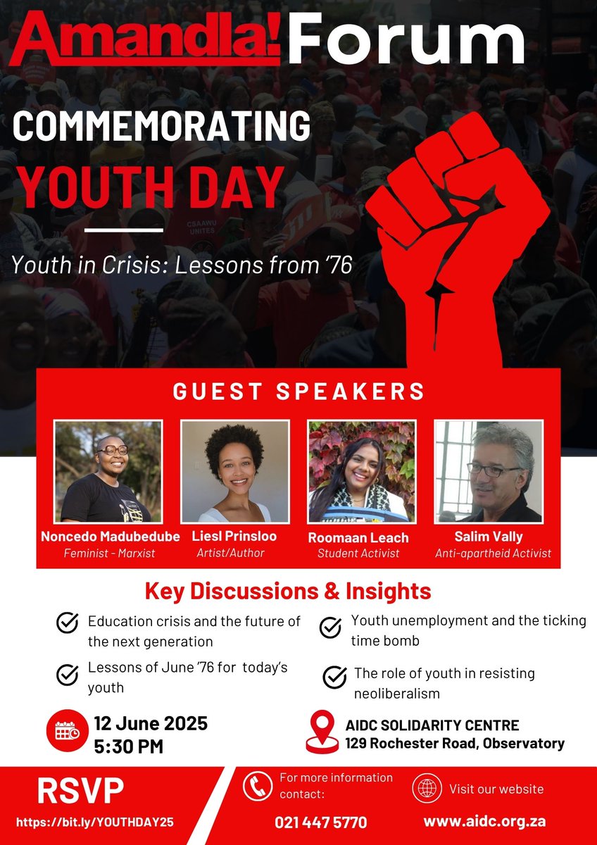 📌 𝗦𝗔𝗩𝗘 𝗧𝗛𝗘 𝗗𝗔𝗧𝗘: What can we learn from the youth of 1976? And how can those lessons guide us through the struggles of today? Join the Amandla! Forum next Thursday as we explore these critical questions. 
RSVP here: bit.ly/YOUTHDAY25 
#AmandlaForum
#YouthDay