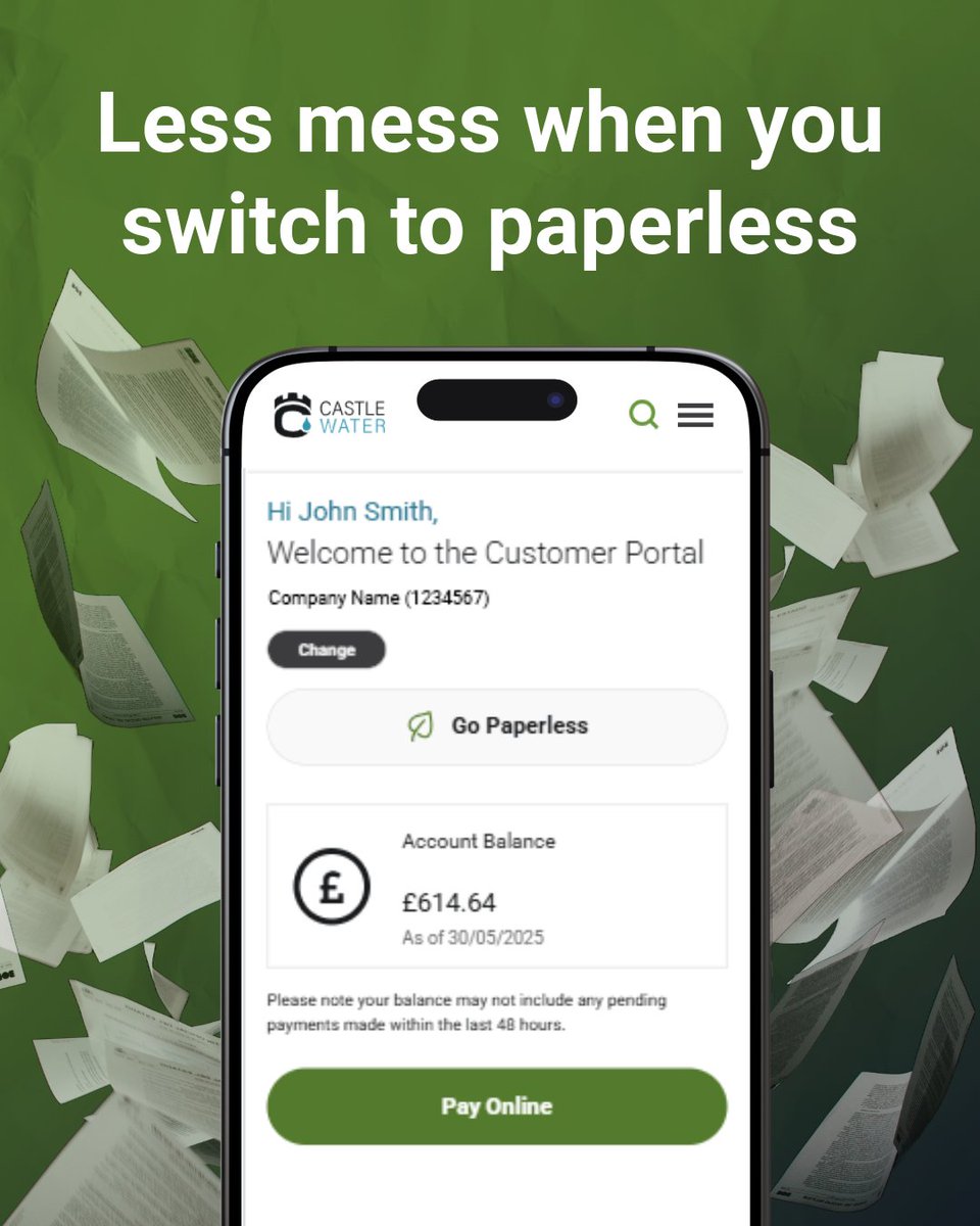 CastleWaterLtd's tweet image. Don't stress, switching to paperless billing offers numerous benefits, including reduced paper waste, increased convenience, and improved organisation.🌳📱

Go paperless today: eu1.hubs.ly/H0kLTxM0

#sustainability #GoPaperless #LessMess #CastleWater #CustomerPortal