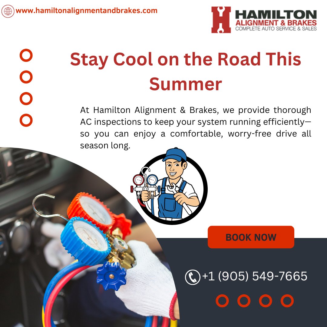 As temperatures rise, make sure your vehicle’s air conditioning is ready to perform. At Hamilton Alignment &amp; Brakes, we provide thorough AC inspections to keep your system running efficiently—so you can enjoy a comfortable, worry-free drive all season long.
📞(905) 549-7665