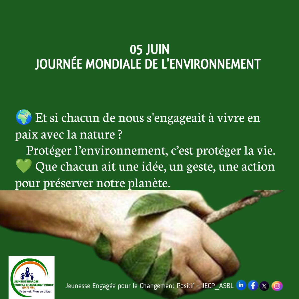 JECP_asbl10962's tweet photo. #05Juin #WordEnvironmentDay 🌍
Et si on vivait en paix avec la nature ?  
💚 Protéger l’environnement, c’est protéger la vie.  
Un geste, une idée, une action… ça compte !
#JME #WED  #JECP_ASBL
#AgirPourLaPlanète #EcoResponsable #JournéeMondialeDeLEnvironnement 🌱 https://t.co/PY1xHtT1eJ