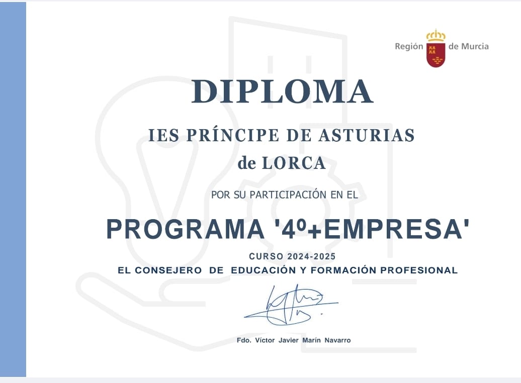 🎓 Entrega Diplomas - Programa 4°+Empresa 🎓

Nuestro director ha hecho entrega de los diplomas al alumnado que ha participado con entusiasmo y compromiso en el Programa 4°+Empresa, dependiente de la Consejería de Educación y Formación Profesional.