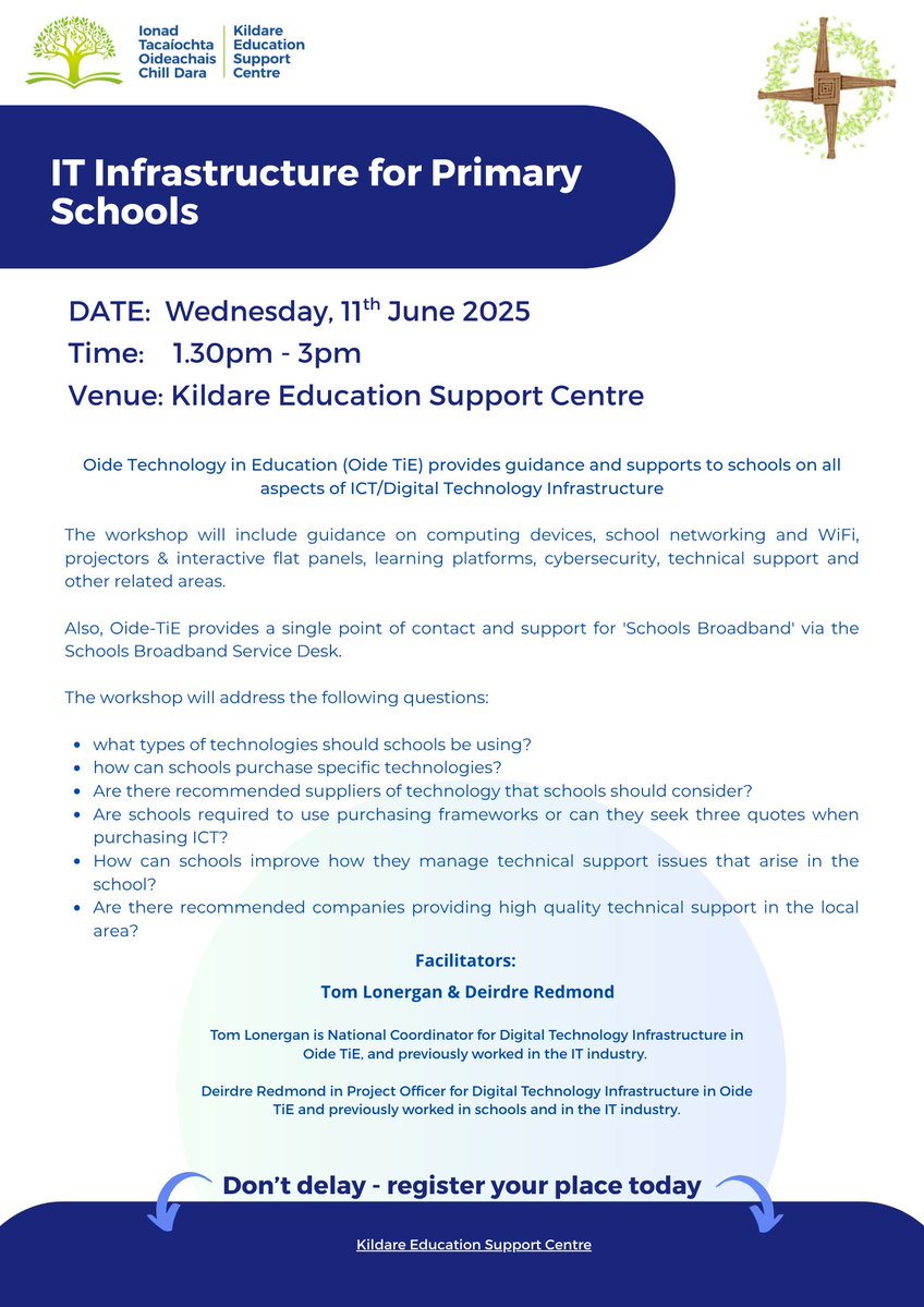 Kildare ESC (@kectweet) on Twitter photo Boost your school's tech knowledge at our IT Infrastructure for Primary Schools Workshop 🖥️
💡 Devices, WiFi, cybersecurity, learning platforms & more!
📍 Face-to-face
👉 Register: bit.ly/3ZdyB2c
#PrimaryEducation #CPD Boost your school's tech knowledge at our IT Infrastructure for Primary Schools Workshop 🖥️
💡 Devices, WiFi, cybersecurity, learning platforms & more!
📍 Face-to-face
👉 Register: bit.ly/3ZdyB2c
#PrimaryEducation #CPD