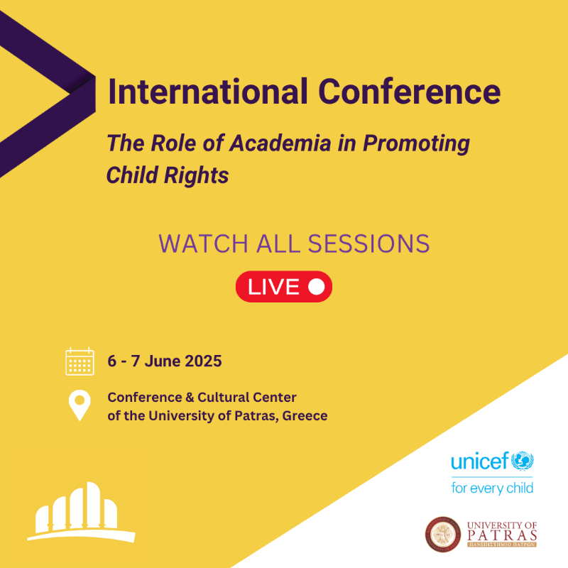 📢LIVE STREAMING: Dive into the realm of child rights! Join us at the 1st 'Ιnternational Conference on the Role of Academia in Promoting Child Rights'.  

▶️ Watch LIVE, Friday 06/06  
shorturl.at/6qtwg 

#ChildRights #ForEveryChild