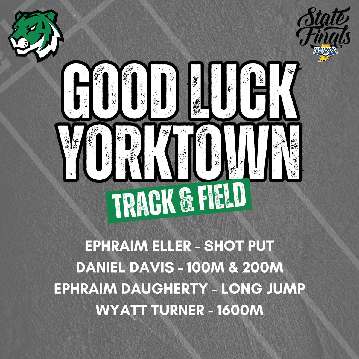Wishing the best of luck to all the Yorktown Track &amp; Field athletes competing at the state finals this Friday, June 6th. Go Tigers! 

<a href="/Tiger_Track/">Yorktown Track & Field</a> @YorkSupt <a href="/YHSAthletics/">Yorktown Athletics</a> <a href="/ytownstrength/">Yorktown Strength</a>