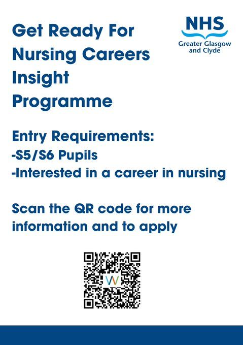 Are you in S5/S6 and thinking about a career in Nursing?👩‍⚕️ 

<a href="/NHSGGC/">NHS Greater Glasgow and Clyde</a> is hosting a Get Ready for Nursing Insight Programme🩺

📍Queen Elizabeth University Hospital
🎓1 day of workshops, advice &amp; real insight into the profession

Apply now ➡️ buff.ly/YrxOK0F

<a href="/NHSGGCCareers/">NHS Greater Glasgow and Clyde Recruitment Careers</a>
