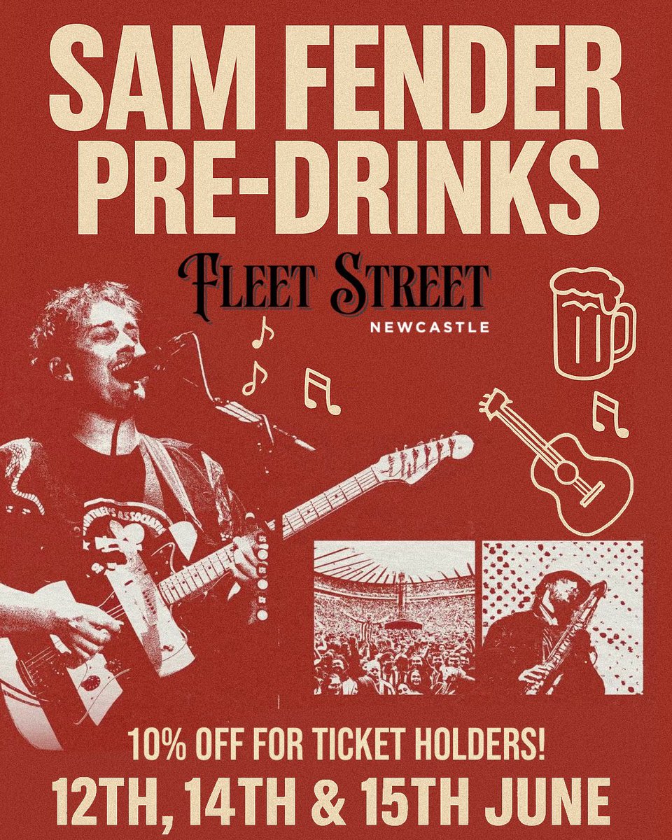 Heading to see Sam Fender next week? 🎤
Kick off your night with pre-drinks at Fleet Street – just a short walk from Central Station! 🚶‍♂️🍻
All ticket holders get 10% off drinks, just show your ticket at the bar! 
Start your gig night the right way – see you at the bar! 🍺🎶