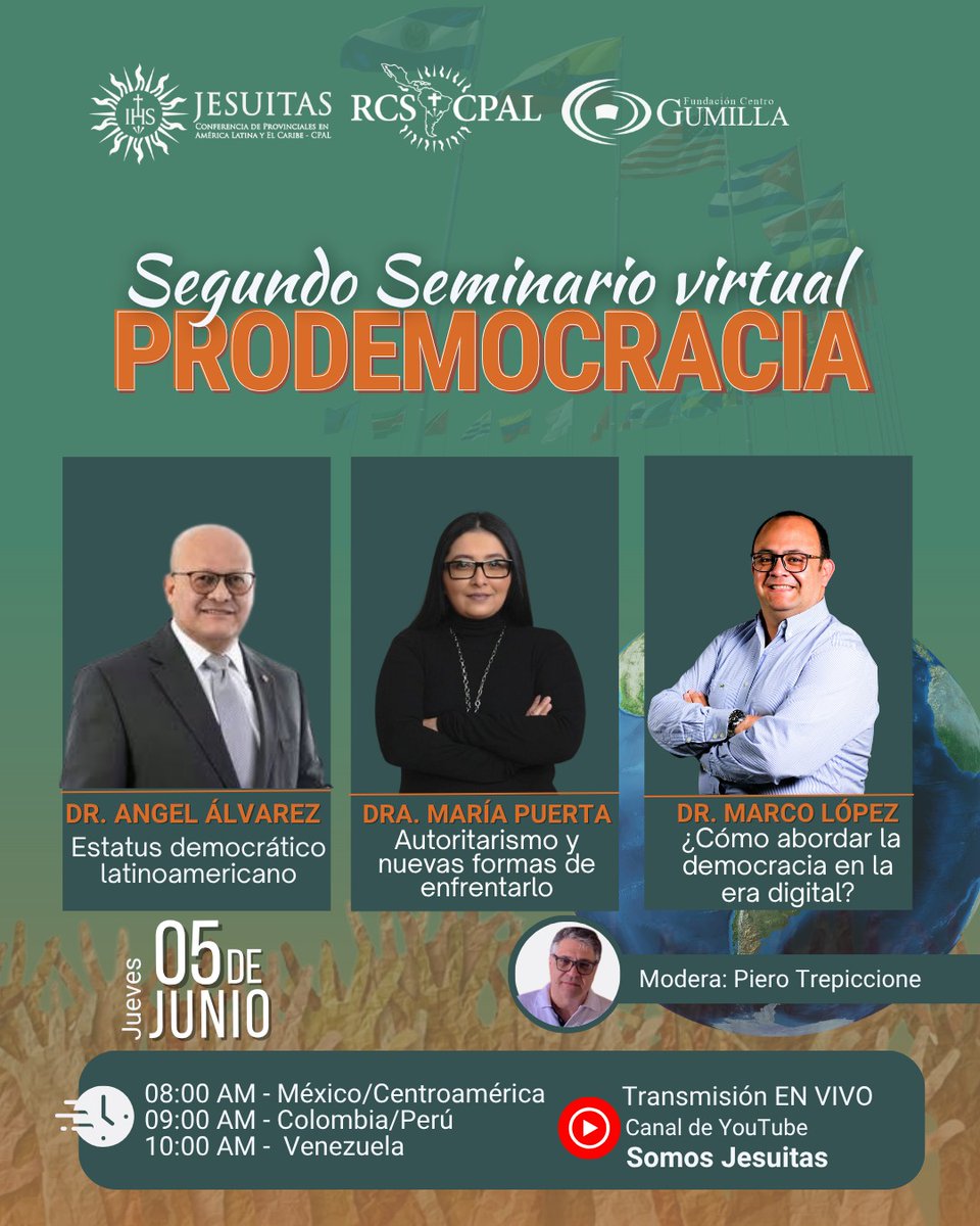 🚨 ¡ES HOY!

II SEMINARIO VIRTUAL PRODEMOCRACIA 🌎

🕘 09:00 a.m. 🇨🇴🇵🇪
🕙 10:00 a.m. 🇻🇪

Conéctate en vivo por el canal de YouTube Somos Jesuitas👇🏽
youtube.com/live/ZtnCfR8Lj…

Activa la notificación🔔

¡Te esperamos!