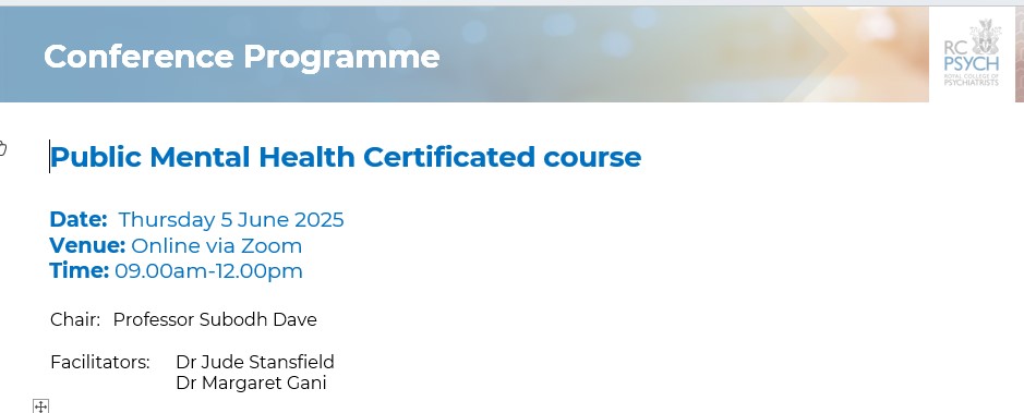 Always a pleasure to contribute to the <a href="/rcpsych/">Royal College of Psychiatrists</a> Public Mental Health Course! We again had a lovely, diverse group of participants from within and beyond the UK, and at various levels of their careers. I can't wait to see what they get up to as they move on from this course.