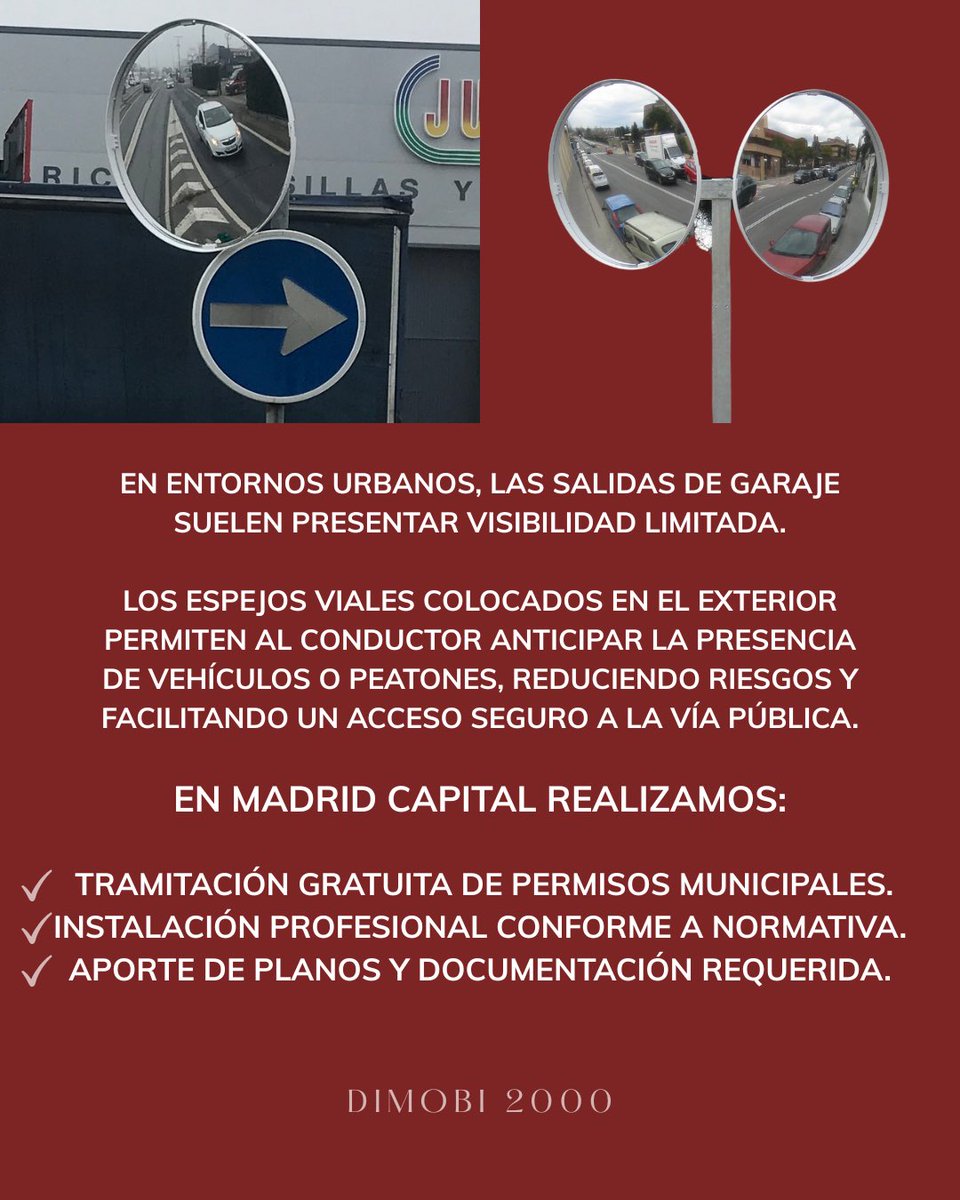 dimobi2000's tweet photo. En Dimobi, instalamos espejos viales en salidas de garaje según normativa. Salida segura de tu garaje.
📩 En Madrid, gestionamos el permiso municipal y realizamos la instalación completa.
#EspejosDeTráfico #SalidasDeGaraje #DimobiUrbano #SeguridadVial #Madrid #InstalaciónEspejos https://t.co/XMLwTLleb9