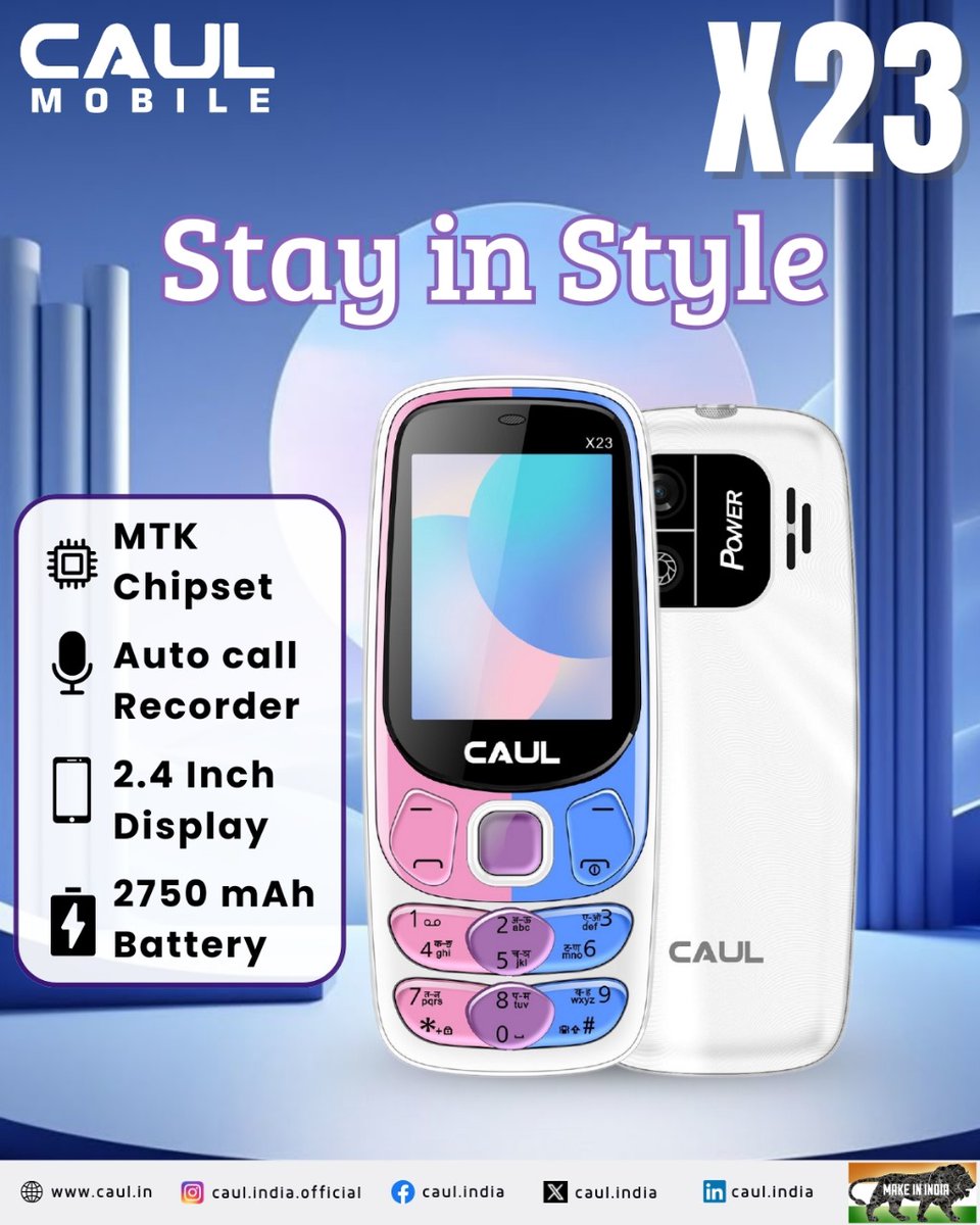 CaulIndia's tweet image. Stay in style with the Caul X23! ✨
Packed with a powerful 2750 mAh battery, 2.4-inch display, and MTK chipset, this feature phone ensures seamless connectivity while keeping you entertained. 🎮📱

#StayInStyle #CaulX23 #LongLastingBattery #FeaturePhone #SmartChoice #ReliableTech