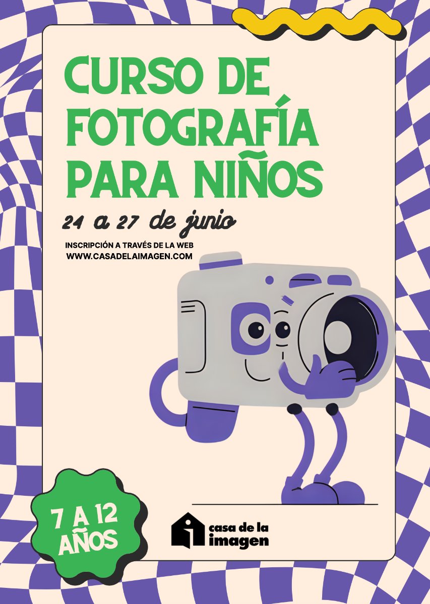 📷Curso de fotografía para niños <a href="/casadelaimagen/">Casa de la Imagen</a> 🧒 

Del 24 al 27 de junio

Para niños y niñas de 7 a 12  años 

Podrán sumergirse en una experiencia única para descubrir la magia  de la fotografía. 

Más información en acortar.link/kpY5eQ