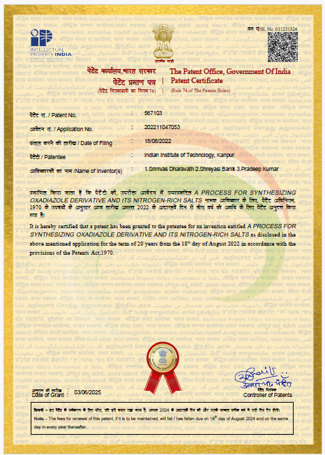 Delighted to share that our patent on "A PROCESS FOR SYNTHESIZING OXADIAZOLE DERIVATIVE AND ITS NITROGEN-RICH SALTS" has been granted. 
I sincerely thank my supervisor <a href="/Srinivas_IITK/">Srinivas</a> and <a href="/IITKanpur/">IIT Kanpur</a>  for the support.